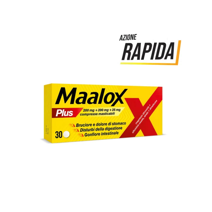 MAALOX PLUS 200MG + 200MG +25MG BRUCIORE E DOLORE DI STOMACO COMPRESSE MASTICABILI
