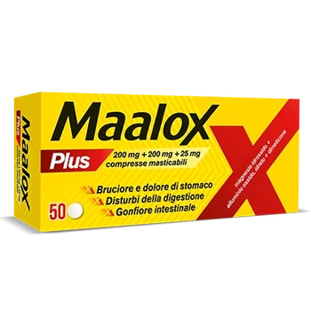MAALOX PLUS 200MG + 200MG +25MG BRUCIORE E DOLORE DI STOMACO COMPRESSE MASTICABILI