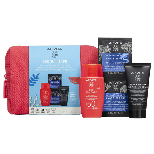 APIVITA SET FLUIDO VISO INVISIBILE DRY TOUCH SPF50 + MASCHERA VISO IDRATANTE E ANTI-INQUINAMENTO + BLACK DETOX CLEANSING JELLY CON POCHETTE IN REGALO