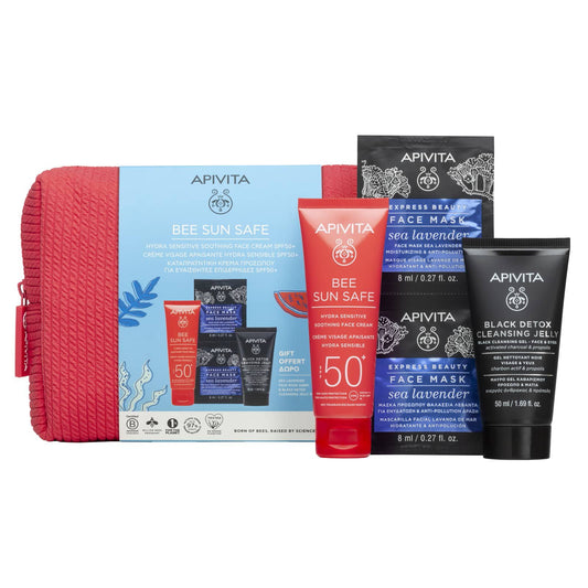 APIVITA SET CREMA VISO LENITIVA HYDRA SENSITIVE SPF50 + MASCHERA VISO IDRATANTE E ANTI-INQUINAMENTO + BLACK DETOX CLEANSING JELLY CON POCHETTE IN REGALO
