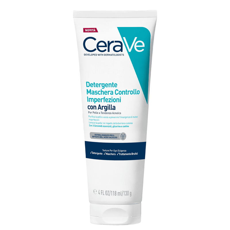 CERAVE DETERGENTE MASCHERA CONTROLLO IMPERFEZIONI CON ARGILLA, 3 CERAMIDI ESSENZIALI, ACIDO SALICILICO, GLICERINA E CAOLINO 118ML